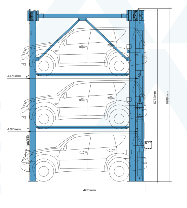 Side elevation diamensions for the 4 Post Outdoor 3 car Stacker